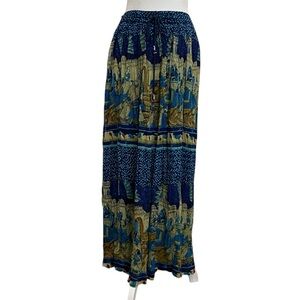 Basic Editions Vintage 90s Boho Elephant Print Crinkle Broomstick Maxi Skirt